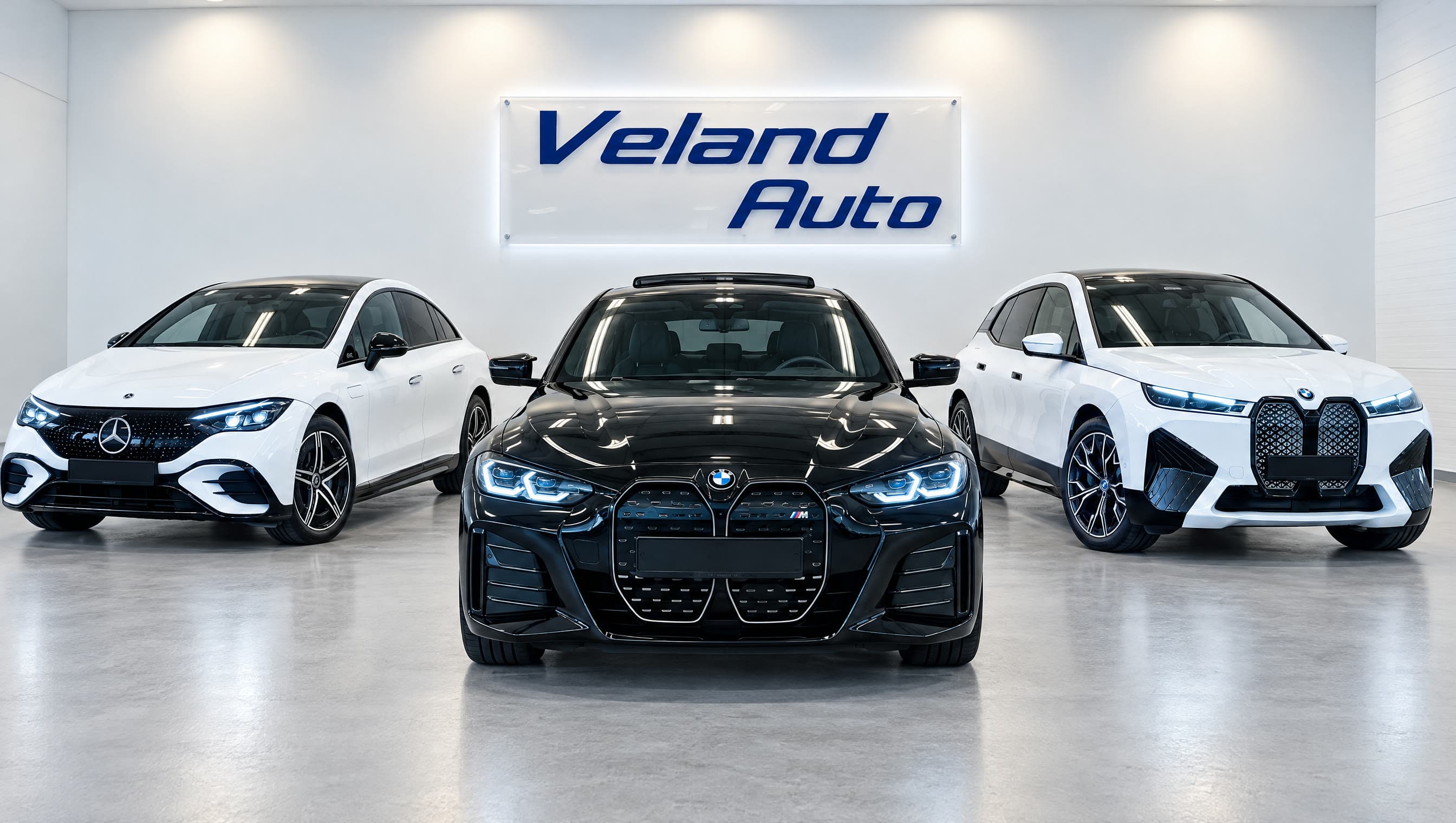 Mercedes EQE, BMW i4 and BMW iX in the Veland Auto showroom